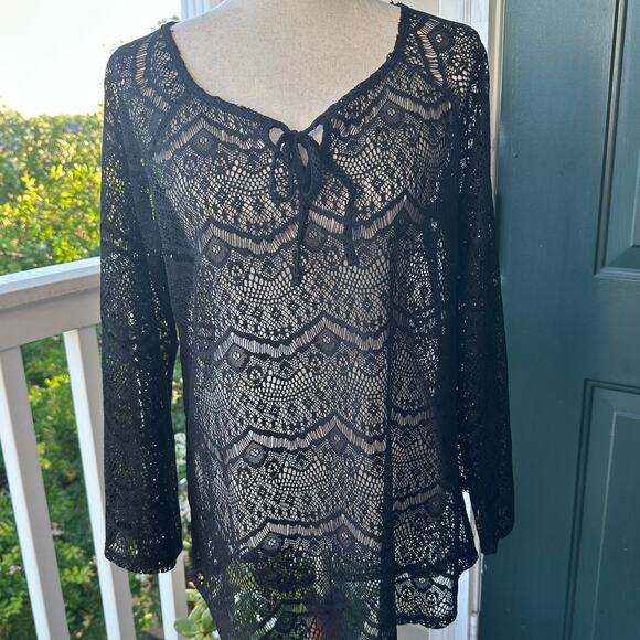 Isela Black Crochet Lace Swim Cover Up Topper L Boho Festival Beachy Vacation - Picture 1 of 6